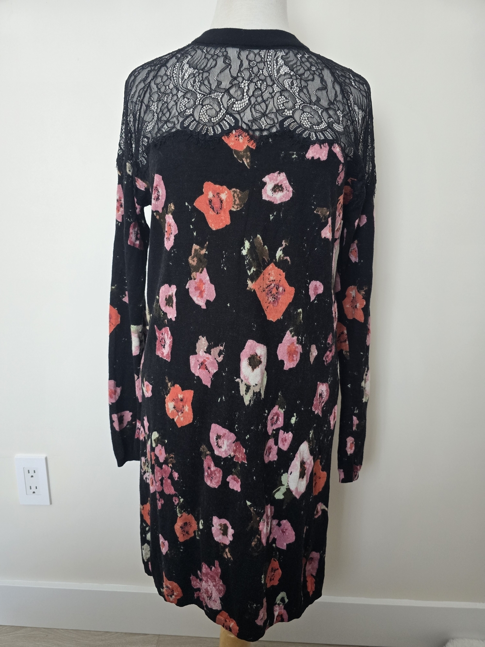 Twin-Set Black Floral Lace-Back Long Sleeve Dress Wool Blend Size M